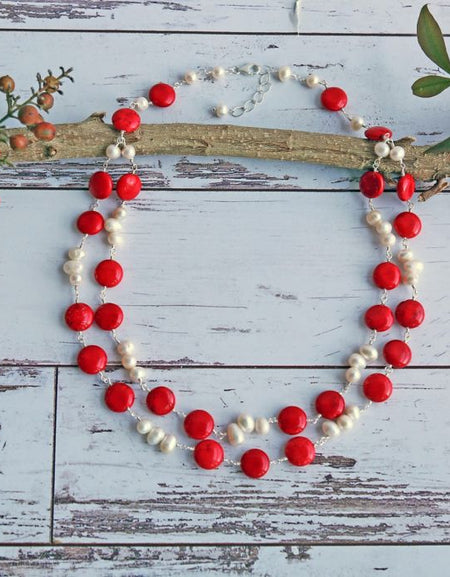 Red Magnesite & Pearl Necklace