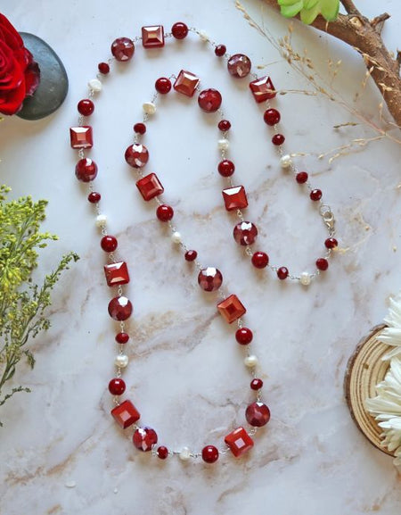 Red Mix Shaped Crystals Long Necklace
