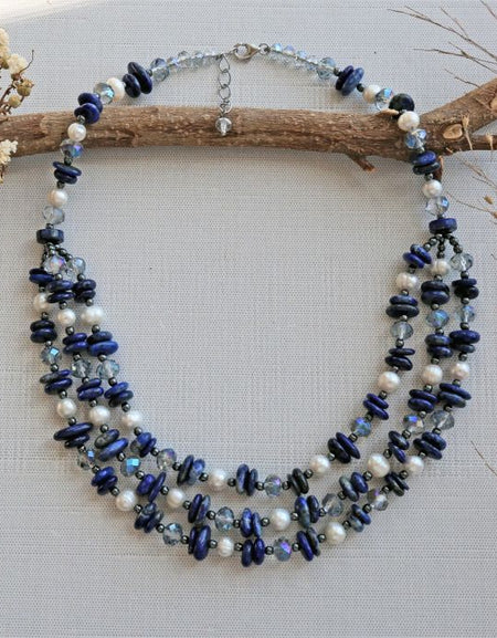 Triple Strand Gemstone and Pearl - Lapis Lazuli