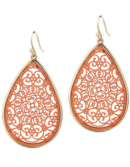 Metal filigree teardrop earring - coral