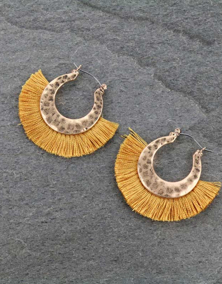 Thread Tassel with Hammered Metal Hoop Earrings - Mustard
