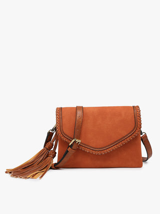 Sloane Suede Flapover Crossbody w/ Whipstitch & Tassel - Brick
