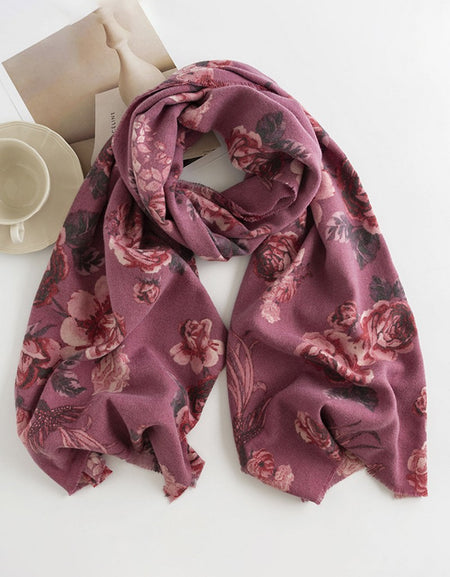 Warm Rose Print Tassle Scarf - Purplered
