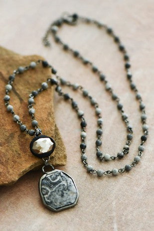 Grey Picasso Jasper Rosary Beaded Chain Necklace