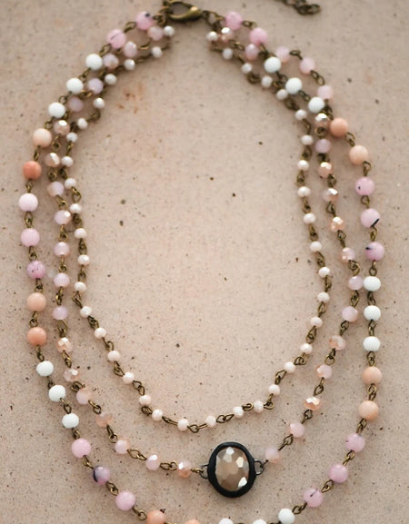 Pink Triple Layered Mixed Glass Bead and Stone Necklace