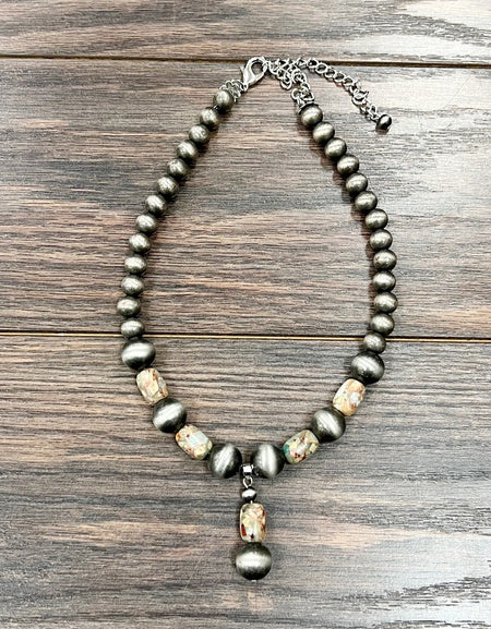Handmade Gemstone, Navajo Bead Necklace with gemstone pendant