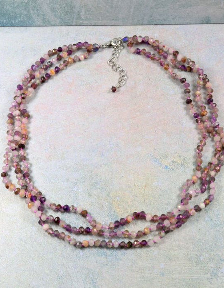 Purple Rutilated Quartz Triple Strand Short Necklace