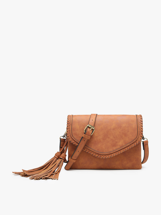 Sloane Suede Flapover Crossbody w/ Whipstitch & Tassel - Dark Ginger
