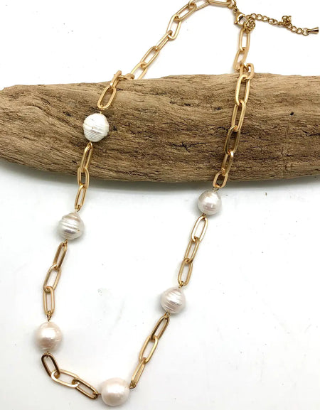RR Matte Gold Paper Clip W/Baroque Pearl 18”w/2” Ext. Necklace