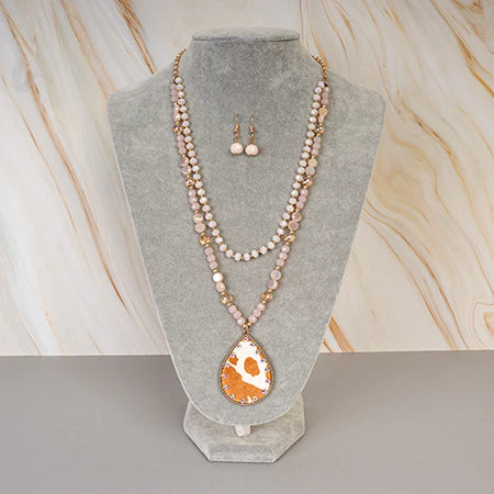 Animal Print Beaded Tear Drop Necklace - Beige