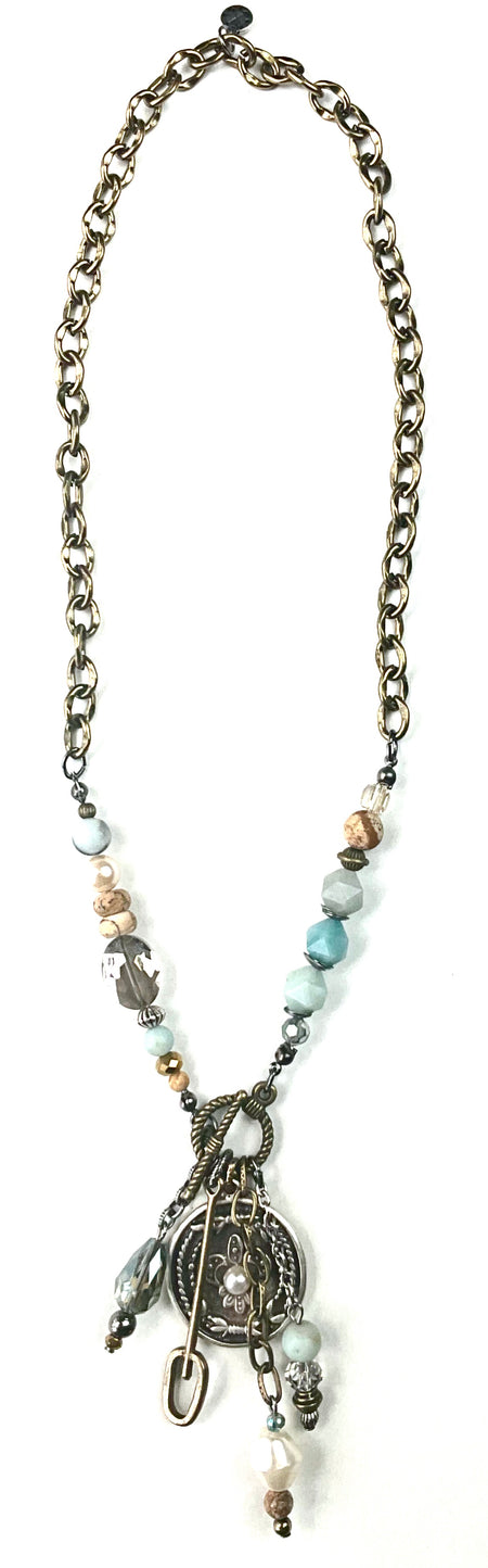 Beaded, Coin & Chain Dangle Front Toggle Necklace