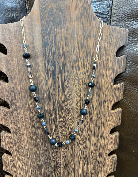 RR black crystal and link necklace