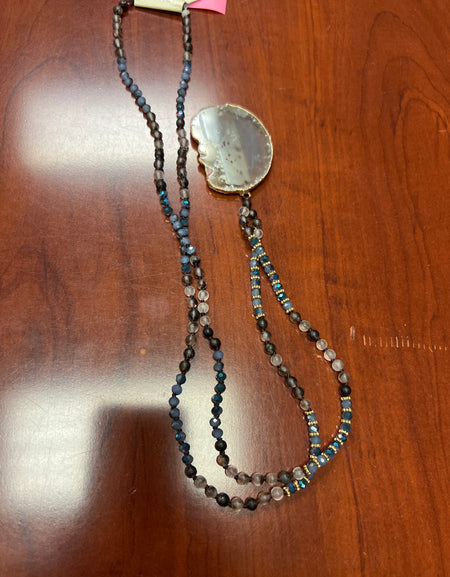 OLE grey agate beaded stone pendant necklace