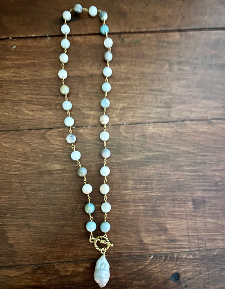Amazonite beaded chain with toggle clasp and pearl pendant