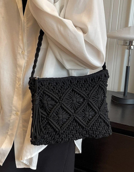 Woven Bohemian Tassel Crochet Shoulder Bag - Black