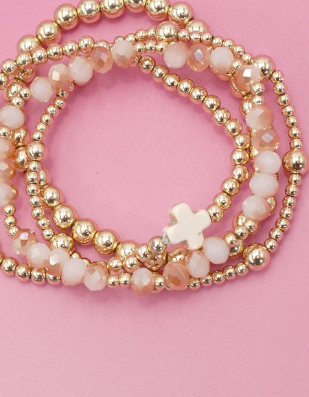 Boho Cross Multi Beaded Stretch Bracelet - White