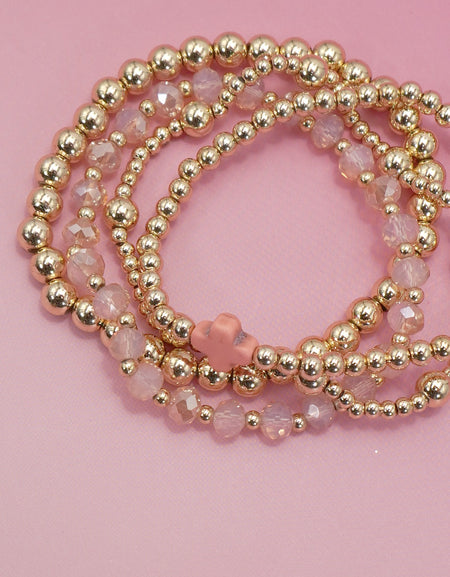 Boho Cross Beaded Stretch Bracelet - Pink