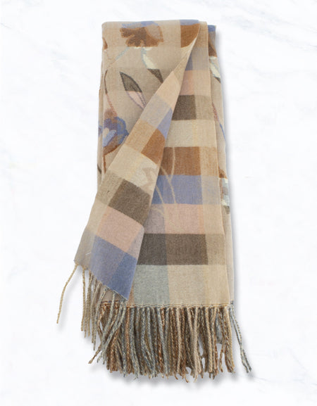Warm Floral Winter Scarf With Fringe - Khaki