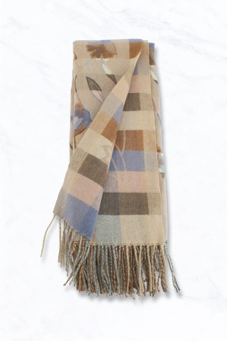 Warm Floral Winter Scarf With Fringe - Khaki
