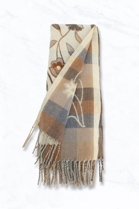 Warm Floral Winter Scarf With Fringe - Beige