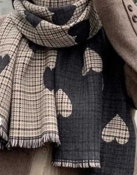 Heart Double-sided Plaid Faux Cashmere Scarf Shawl - Brown/Black