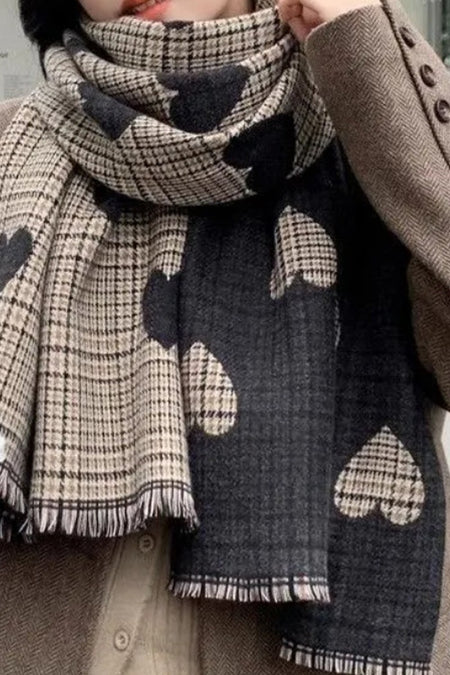 Heart Double-sided Plaid Faux Cashmere Scarf Shawl - Brown/Black