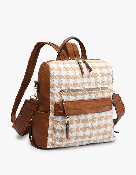 Amelia Houndstooth Backpack w/ Guitar Strap-sand/white