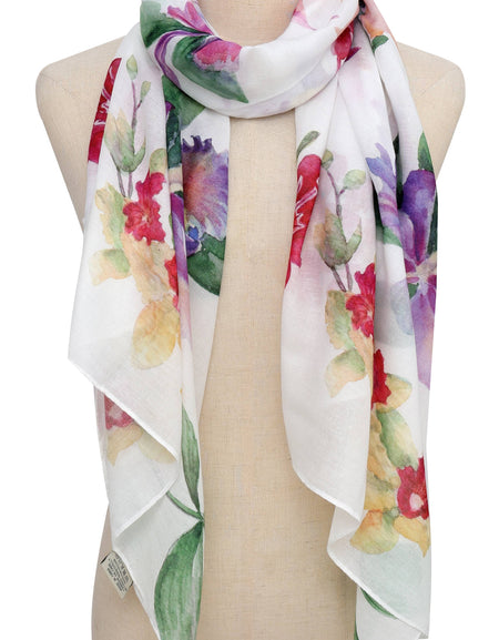 JC White-multi Watercolor Orchid Scarf