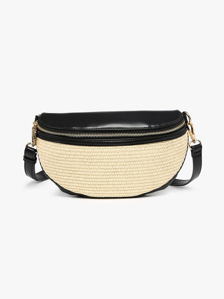 Nevaeh Straw Sling/Crossbody w/ Vegan Leather Contrast - Black/natural