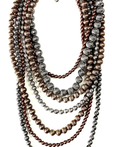 Multi-strand Mixed Metal Fluted Bead Necklace