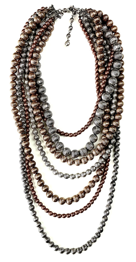 Multi-strand Mixed Metal Fluted Bead Necklace