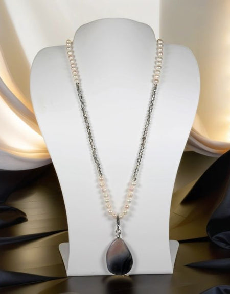 Freshwater Pearl and Crystal Pendant Necklace - Smoke Crystal