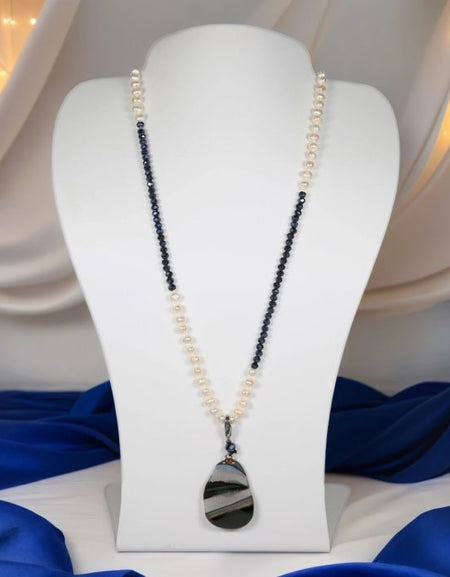 Freshwater Pearl and Crystal Pendant Necklace - blue crystal