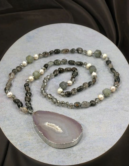 Black Rutilated Quartz and Labradorite Pendant Necklace