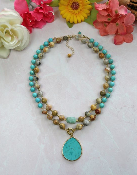 Crazy Lace Agate and Magnesite Turquoise Pendant Necklace