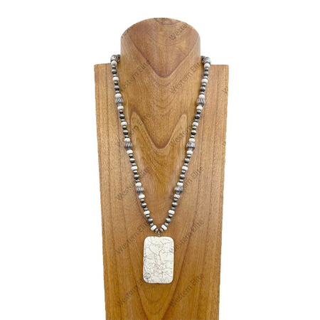 24 inches Silver Navajo pearl and white turquoise stone beads with large rectangle white turquoise stone pendant necklace