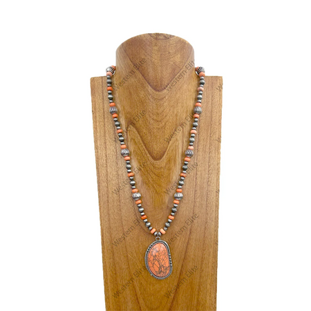 24 inches Silver Navajo pearl and orange turquoise stone beads with large orange oval turquoise stone pendant necklace