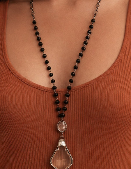 Glass Crystal Pendant Beaded Chain Link Necklace
