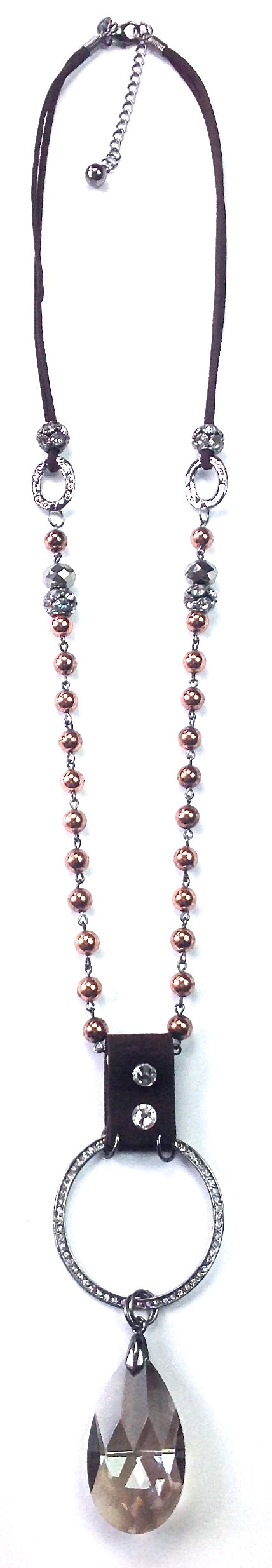 Brown leather necklace with ring/crystal