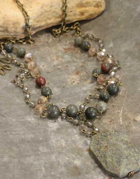 PGJ Double Layered Rosary Chain Stone Drop Necklace