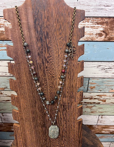 PGJ Double Layered Rosary Chain Stone Drop Necklace