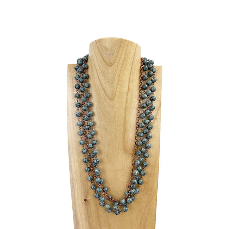 3 layers 8mm grey jasper stone beads with cooper metal chain Necklace