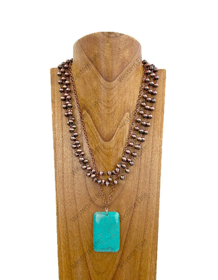 Copper metal and Navajo pearl beads chain with large blue rectangle turquoise pendant necklace