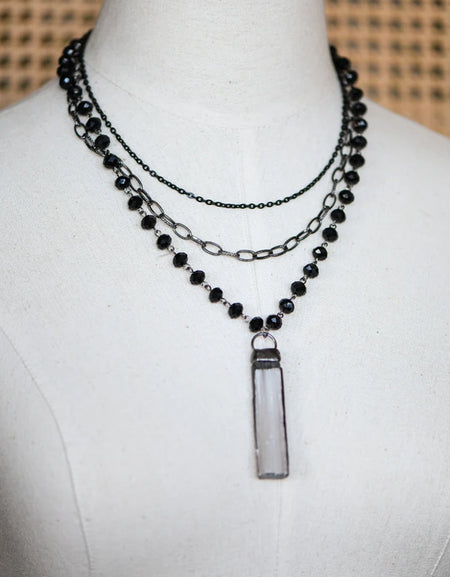 Black Layered Necklace with Crystal Stone Pendant