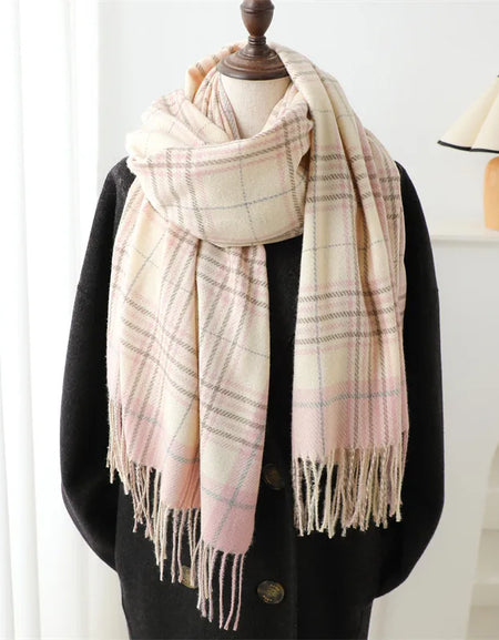 NI Pink/taupe/cream plaid cashmere like scarf