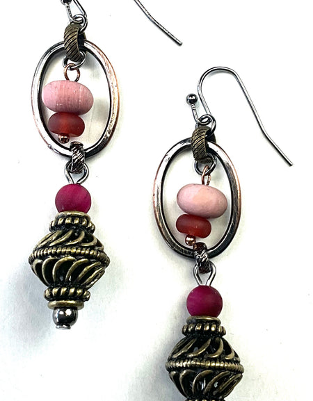 Pink Beaded & Filigree Dangle Earrings