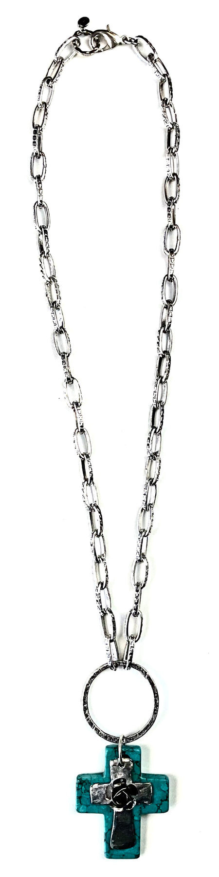 Necklace - SIMPLE CHAIN W/RING & STACKED CROSSES PENDANT
