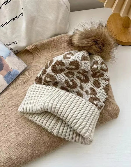 NI Cream with Tan animal print pom beanie
