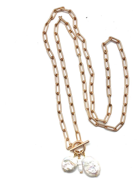 RR Matte Paperclip gold W/Coin&Freshwater Pearl 33” Necklace