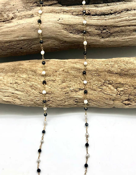 RR Rosary Chain Onyx&Freshwater Pearl Gold 16”w/2” Ext Necklace